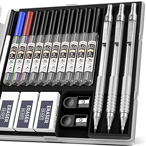 Nicpro 2mm Druckbleistifte Set mit Etui, 3 Stücke Druckbleistift Metall 2.0 mm, 10 Dosen Farbe & Schwarz Bleimine (HB 2B 4B 4H 2H), Radiergummis Anspitzer für Schreiben, Zeichnen