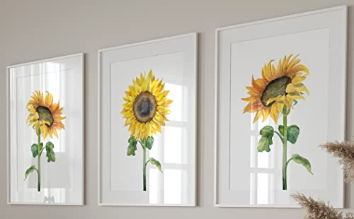 Eviepops Prints Sunflowers Wall Art Set of 3 Unframed Prints, Plant Home Decor, Living Room Bedroom Poster Home Decor, Yellow and Green (A3)