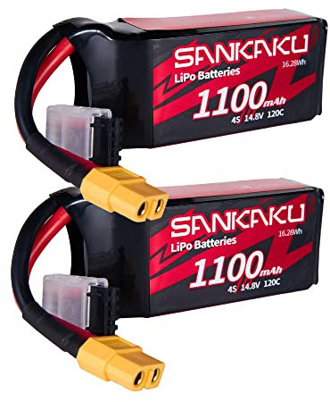 SANKAKU 1100mAh 4S Lipo Batterie 14.8V 120C Batterie Lithium Polymère Emballage Souple avec connecteur XT60 pour RC FPV hélicoptère Drone Quadcopter Racing Hobby 2 pièces