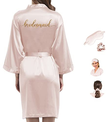 Damen Brautjungfern-Bademantel aus Seide, mit Augenmaske und Haargummi, 3-in-1-Set, Monogramm-Aufdruck, Braut-Nachtwäsche, Blass-Rouge, 50