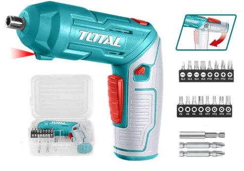 TOTAL - Avvitatore a Batteria 4V | Inserzione di 1/4'' | 2 Posizioni di Lavoro | Porta di Ricarica USB Tipo C | Luce LED | Include Valigetta con 19 Punte | Batteria Integrata | Caricatore Non Incluso