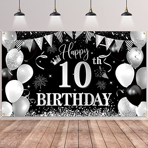 10.Geburtstag Banner Schwarz Silver,BTZO 10.Geburtstag Jungen,Deko 10 Geburtstag Mädchen,10 Geburtstag Hintergrund Banner für 10 Party Geburtstagsdeko