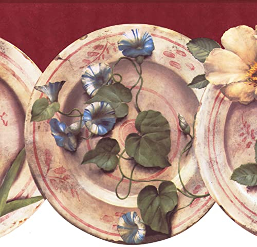 Concord Wandverkleidungen FR4902B Tapetenbordüre, Vintage-Blumenmuster, Blumen, Teller, gestanzte Kante für Küche, Esszimmer, Landhaus, Beige, Rot, Grün, 4,6 m x 24,1 cm