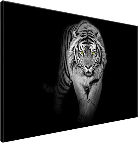 Estika Leinwand bilder - Schwarz-weißer Tiger, Gelbe Augen - 120x80 cm, 1 teilige kunstdruck - Wandbilder wohnzimmer, schlafzimmer, Moderne wanddeko, Bild auf leinwand - Tiere bilder - 2359A_1B