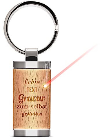Gravierter Schlüsselanhänger gestalten mit Wunschtext oder Spruch - Metall-Anhänger mit Holzstück graviert mit Namen | 24x48 mm, mit Lasergravur personalisiertes Geschenk
