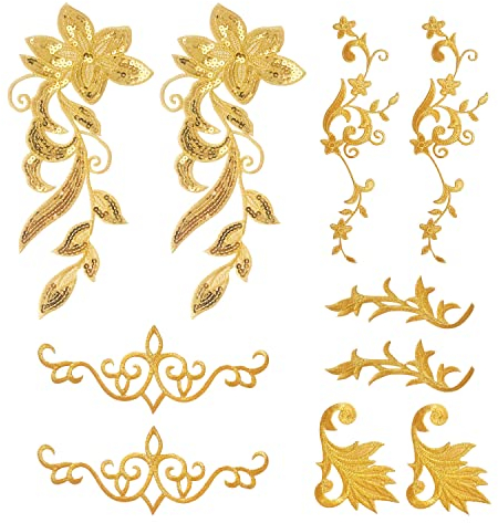 Qililandiy 10 Stück Pailletten Kleidung Patches Set Aufnäher Gold Flicken Stylische Applikation Aufbügler Aufkleber für Jeans T-Shirt Tasche Deko