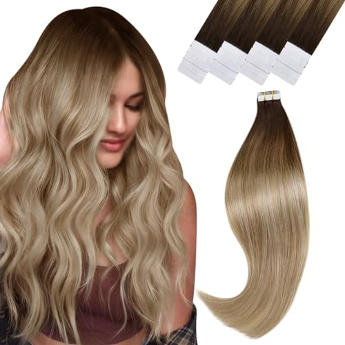 (Guten Valentinstag Geschenk)Tape in Extensions Echthaar Blond Extensions Tape in Echthaar Balayage Extensions Echthaar Tape in Dunkelbraun Ombre Honigblond Platinblond #4/14/60 50g 40cm 20pcs