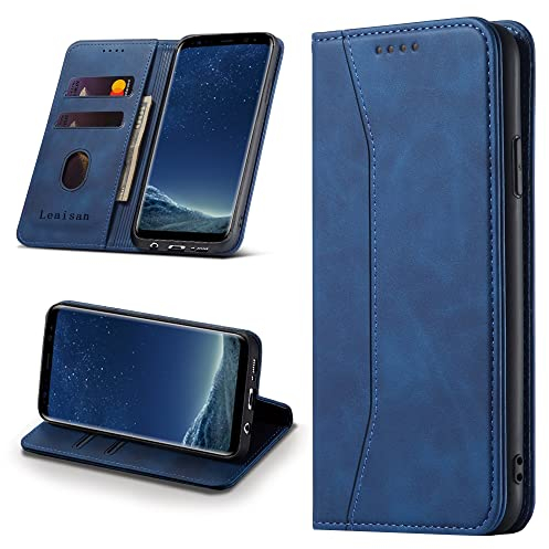 Leaisan Handyhülle für Samsung Galaxy S8 Hülle Premium Leder Flip Klappbare Stoßfeste Magnetische [Standfunktion] [Kartenfächern] Schutzhülle für Samsung Galaxy S8 Tasche - Blau