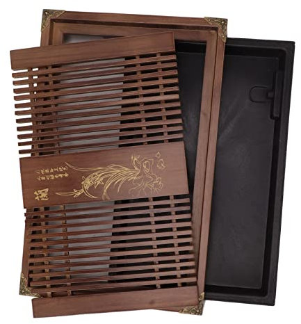Kungfu Tea Tray Chinese Gongfu Tea Tray Drainage Water Storage Wood Tea Table with Drain Pipe (Light Black Orchid)