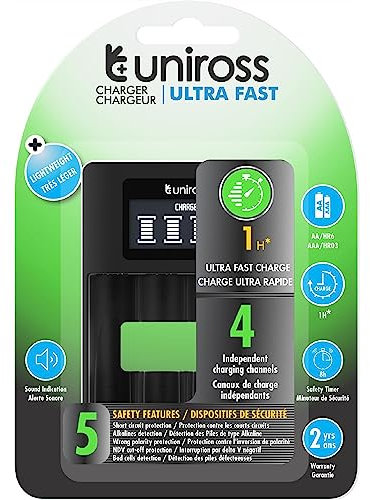 Uniross Chargeur LCD Ultra Rapide pour 1 à 4 Piles Ni-MH 1.2V AA AAA