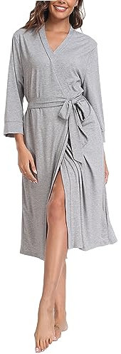 Lovasy Dressing Gowns for Women UK Long Women's Robe Soft Ladies Kimono Dressing Gowns Lightweight Knit Bath Robes for Women Loungewear Nightwear with Pocket for All Seasons,Grey,M