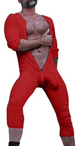 Caxndycing Jumpsuit Men's Onesie Bodysuit Adult Romper Pyjamas for Men Plain Thermal Underwear Stretch Sleepwear Long Sleeve Shirt Undershirt Jumpsuit with Buttons, red, M
