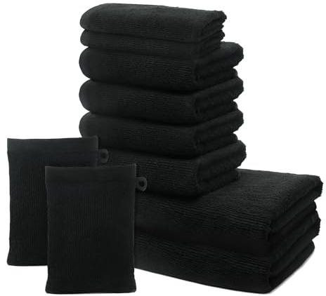 10 er Set Handtücher | 2 Badetücher 70x140cm + 4 Handtücher 50x100cm + 2 Gästehandtücher 30x50cm + 2 Waschlappen 15x20cm | Weich & Flauschig | 100% Baumwolle | 500g/m² | Oeko-Tex | Ôhm | Schwarz