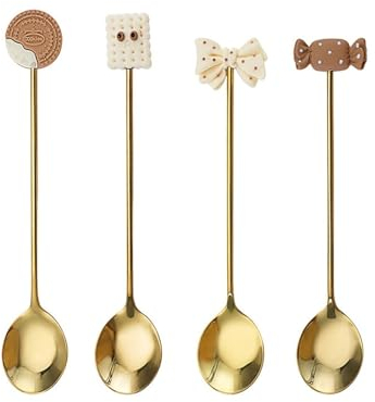 JKUHA 4 pz/Set Cucchiaio da Dessert Modello Carino Biscotto Cucchiaino in Acciaio Inox Cucchiaio Mescolante for Miscelare Bere Torta caffè Gelato