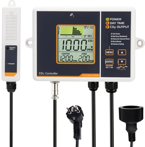 CO2 Controller CO2 Kontrolle mit Split-Typ Fernbedienungssensor Und 4,6 Meter langes Kabel Dual Kanal Niedrig Drift NDIR Sensor für Gewächshaus, Wohngebäude, Hydrokultur CO2-Messgerät Monitor Detektor
