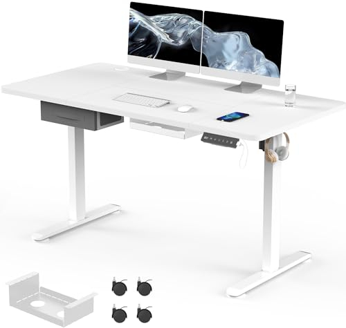 Flamaker Height Adjustable Electric Standing Desk 140x60cm with 71-119cm Heavy-Duty Steel Load capacity 60kg Anti-Collision Headphone Hook,Black