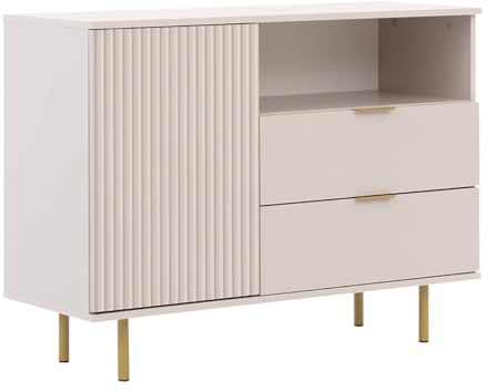 Mirjan24 Kommode Nohes K1D2SZ NE01 mit 3 Schubladen und Tür, grifflose Öffnungssystem, Metallfüße, Schubladen mit Bremse, Kombikommode, Anrichte, Mehrzweckschrank (Cashmere)