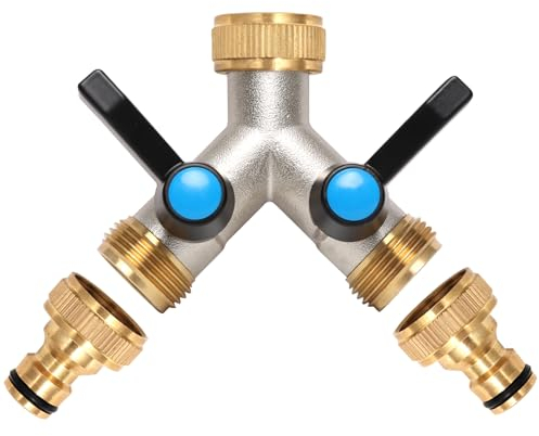 OPERMAXER 2 Wege Y Verteiler, Wasserhahn Wasserverteiler mit Verlängerter Griff, 3/4 Zoll Messing Splitter mit individuellem Absperrhähnen,2er Verteiler 3/4 Adapter 1/2 für Geräte/Gartenschläuche