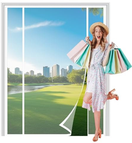 Magnet Fly Screen Door, 290x220cm Anti Rain and Snow Air Conditioner Partition Curtain Bi Fold Door Shut Automatically for Sliding Doors Greenhouse, White