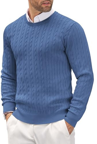 COOFANDY Jersey de cuello redondo para hombre, tejido trenzado, ligero, ajustado, manga larga, informal, suéter, azul, S