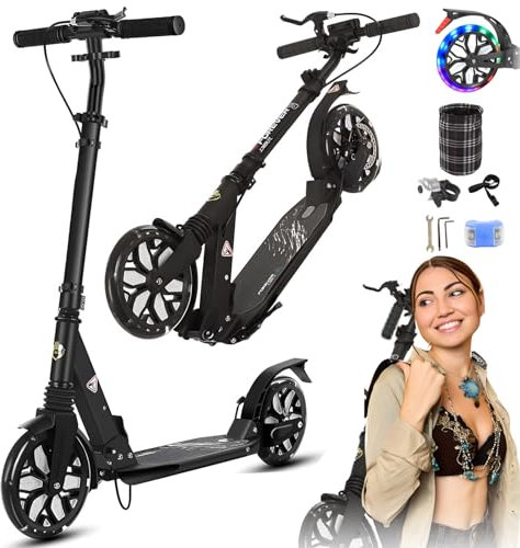 GHBXJX LED 200mm Big Wheel Scooter, Klappbar Cityroller mit Handbremse, Tretroller Kinder ab 8 Jahre Mädchen Jungen Teenager, Kinder Scooter Cityroller, Erwachsenenroller für bis zu 130kg,Schwarz