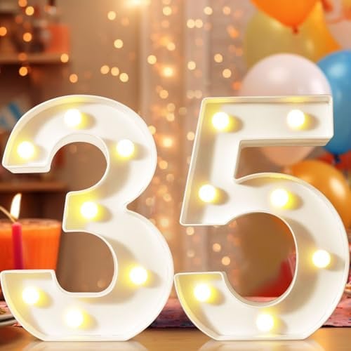 8.8 Decorative LED Light Up Numbers, Marquee Numbers Lights for 35th Birthday Decorations, Lighted Number Sign for Birthday Party Night Lights Wedding Anniversary Home Wall Decor, White Number 35