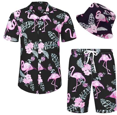 Angenster Hawaii Hemd Männer, 3 Pcs Hawaii Outfit Herren Festival Outfit mit Fischerhut Hawaihemd Shorts, Sommerhemd Herren Flamingo Floral Strandhemd Faltenfrei Urlaub Hemd Set (Schwarz Rosa, 2XL)