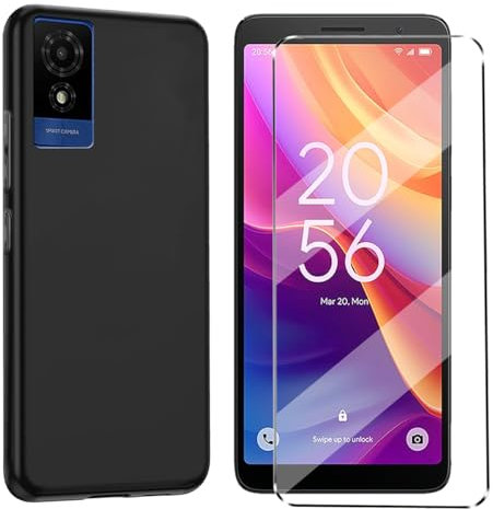 HuiYouMY 2-in-1 Case Compatible with TCL 501 Cover with 1 Pack Tempered Glass Screen Protector for TCL 501, Slim Fit Soft TPU Shockproof Anti-Scratch Phone Case Cover - Black