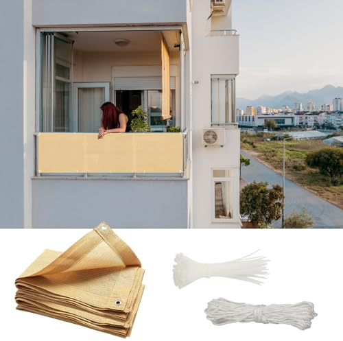 GAIFNAG Balkonumrandung Ohne Bohren 120 x 1000 cm Balkonsichtschutz mit Ösen, Kunststoff Balkonverkleidung Uv-Schutz Ohne Bohren, Sichtschutz für Balkon Terrasse Garten, Sandgelb