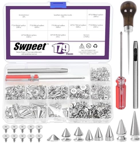 Swpeet 179 Sets 8 Sizes Silver Cone Spikes with Scratch Awl Screwdriver Punch Assortment Kit, Punk Spikes and Studs Metal Tree Spikes Bullet Spikes Screwback Studs for Punk Clothing Craft DIY