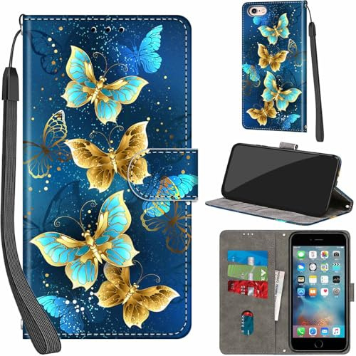 Haninsuze Case for iPhone 6/6S 4.7 Inch, Four Butterfly | PU Leather, 3 Card Holder, Wallet Book Flip, Folio Stand View, Magnetic, Multi-Pattern Cover, Lanyard Strap