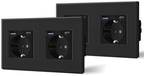 BSEED Enchufe Doble Pared con 20W USB y Tipo C,Enchufe USB C de Cristal,Carga Rápida,3 en 1,Fácil Instalación,2 Enchufes-2 Pack,157mm Negro