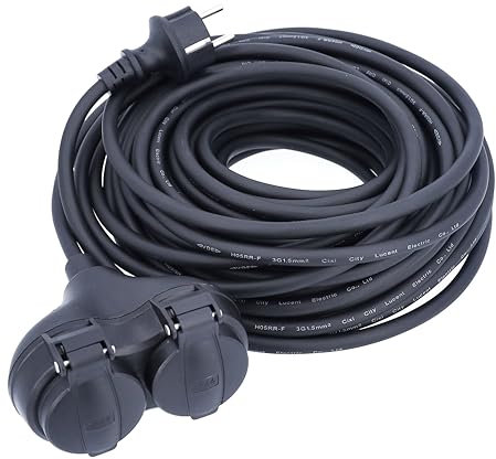 as - Schwabe Gummi-Verlängerungsleitung, 10 m H05RR-F 3G1,5 Kabel mit Schutzkontaktstecker und 2-Fach Schutzkontaktkupplung inkl. Schutzkappe, Verlängerungskabel 230V, 16A, IP44, Schwarz, 60661