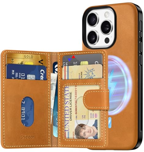 SHIELDON Abnehmbar Wallet Hülle für iPhone 16 Pro 6,3, Retro Hellbraun | Rindleder, RFID Blocker, 6 Kartenfächer, Leicht, Brieftasche, Schutzhülle