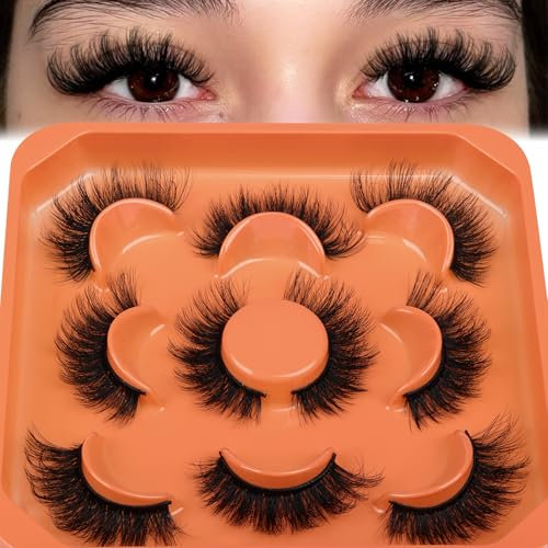 Fluffy False Eyelashes Cat Eye Faux Mink Lashes Strips 6D Thick Volume Fake Eyelashes Strips 18MM Wispy Lashes Long Mink Eyelashes 5 Pairs by Zegaine