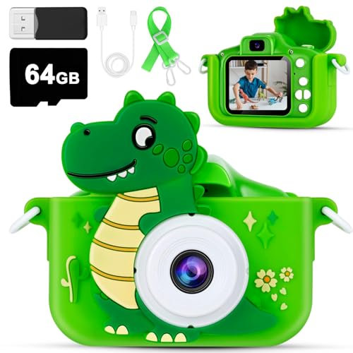 Kinderkamera, 1080P HD Dinosaurier Digitalkamera für Kinder mit 64GB-Karte, Spiel, Musik, Fotoapparat-Spielzeug für Jungen & Mädchen, Kinder 3-12 Jahre Weihnachten & Geburtstag