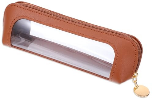 Clear Makeup Pouch, PU Leather Small Makeup Brush Bag Portable Travel Mini Cosmetic Bag Transparent Waterproof Organizer Pouch with Zipper for Women Home Travel Office Cosmetic Storage (Brown)