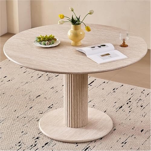 DEYARNA HOME Moderner Runder Esstisch, Küchentisch aus MDF (Travertin-Maserung),Geeignet für Küche, Esszimmer, Wohnzimmer und Büro (Beige)