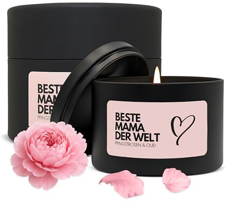 Geschenk für Mama – Duftkerze „Beste Mama der Welt“ – Pfingstrosen & Oud – Handgemacht in Deutschland – Inkl. Geschenkbox – Ideal für Geburtstag, Muttertag & Weihnachten