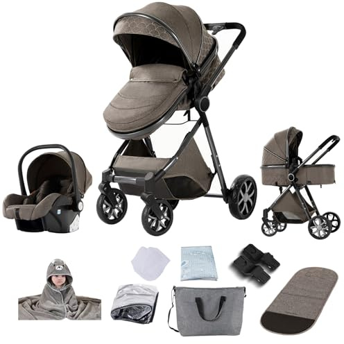 Reenborn Kinderwagen 3 in 1, Buggy mit Ein-Klick-Faltdesign, Kinderwagen mit Zwei Umkehrbaren Schiebemodi, Kombikinderwagen 3 in 1 Komplettset mit Rahmen Aluminiumlegierung (YV9 Chocolate)