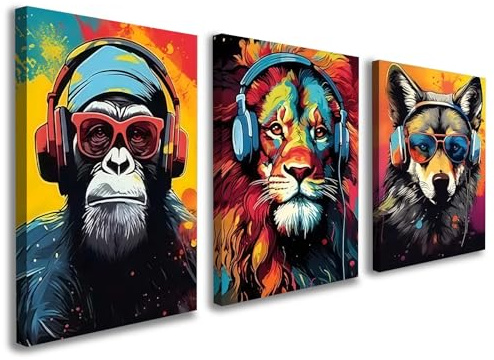 Galmcook Leinwand Bilder 3er Set Wandbilder Modern Tiere mit Kopfhörer Kunstdruck auf Leinwand für Wohnzimmer Schlafzimmer oder Büro mit Rahmen fixierten Haken und ohne Spuren Nägeln je 30x40 cm