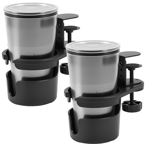 2Pcs Table Drink Holder, 360° Rotating Desk Cup Holder Clip, Adjustable Table Cup Holders Clamp, Metal ABS Desk Bottle Holders for Coffee Mups, Water Cups