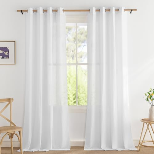 PONY DANCE Leinen Vorhang 200cm Wohnzimmer Gardinen Weiss Halbtransparent | Weiß,2er Set,H200 x B140 cm,Boho Gardinen Leinenoptik mit Ösen,Leinenvorhang Landhaus Schlafzimmer,Linen Curtains