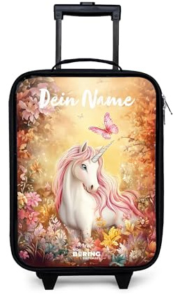 NoBoringSuitcases© Kinderkoffer Klein Personalisiert mit Name Rollkoffer | 48x31x19 cm - Kleiner Kinder Koffer mit LED Rollen Kindertrolley für Kind Einhorn - Rosa - Mähne