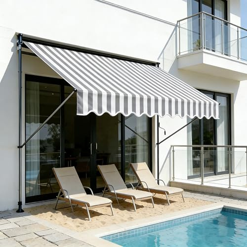 Ferzone Klemmmarkise ohne Bohren 200x120cm, Balkonmarkise mit Handkurbel, höhenverstellbar, Sonnenschutz, UV-beständig, Wasserdicht, Sonnenmarkise für Terrasse,Balkon,Garten (Grau - weiß Streifen)