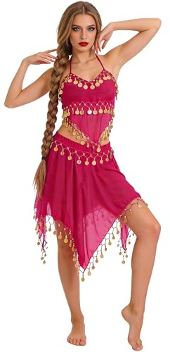Wildarms Disfraz de Danza del Vientre de Carnaval Mujer Conjunto 2 Piezas Top y Falda con Lentejuelas, Traje Premium para Fiesta y Escenario (FR/ES, Letras, Talla única, Regular, Regular, Fucsia)