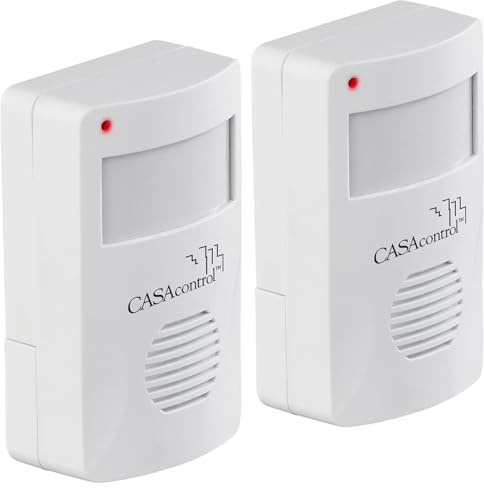 CASAcontrol Funkbewegungsmelder: 2er-Set Batterie-Durchgangsmelder mit PIR-Bewegungssensor, 8 m, 120° (Ladenklingel Bewegungsmelder, Bewegungsmelder Glocke, Akustischer)