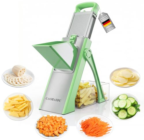 Mandoline Vegetable Slicer Pommesschneider Gurkenhobel，für die Küche, Zerkleinerer, Gemüseschneider mit größerem Behälter, Dicke Verstellbarer Gemüseschneider (Grün groß)