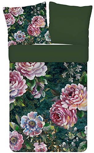 ESPiCO Bettwäsche Trendy Bedding Fleur Blumen Geblümt Pfingstrosen Wendeoptik Grün Renforcé, Größe:135 cm x 200 cm