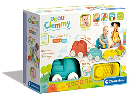 Clementoni - Tren Sensorial - Clemmy Soft Touch & Play - Juguete de Bloques Suaves, Construcción y Tacto - De 6 a 36 Meses, 17424